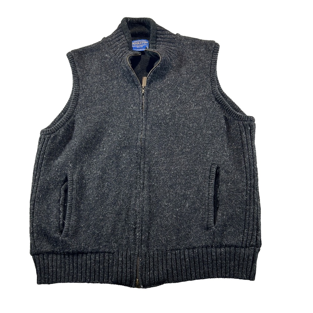 Pendleton Wool Vest Mens M Gray Full Zip Fleece Lined Shetland Wool Ribbed Trim